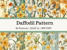 the daffodil pattern is shown in yellow, white and green colors with an overlay of daffodils