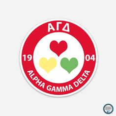 a sticker with two hearts and the words ata, alpha gamma delta