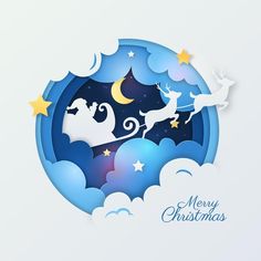 merry christmas card with santa sleigh and reindeer in the sky, paper art style