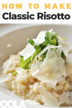 a white bowl filled with risotto and garnished with parmesan cheese