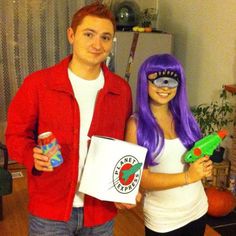 a man and woman are dressed up as characters from the animated movie toy story book