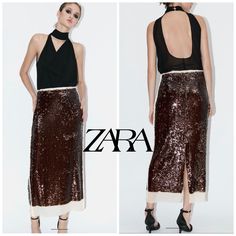 Zara Sequin Chiffon Skirt Zw Collection Midi Skirt High Waist Made Of 100% Viscose Contrasting Sequin Appliqus Back Slit At Hem Hidden In-Seam Zip Closure Color: Brown Measurements Wais: 14.5in Flat Hip: 18in Flat Lenght: 35.5in Flat New With Skirt High Waist, Sequin Appliques, Color Cafe, Zara Skirts, Chiffon Skirt, Women Skirts Midi, Favorite Color, High Waisted Skirt, Midi Skirt