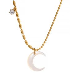 Rock the Luna Necklace and channel your inner moon goddess. This stunning white shell moon pendant will add a touch of whimsy and magic to any outfit. Perfect for those who love to stand out and embrace their unique style. (Moon babes unite!) Material: Gold plated hypoallergenic stainless steel, natural shell, zircon (waterproof & tarnish resistant) Chain length: 40cm + 5cm extension Thick Chain Necklace, Chic Necklace, Celestial Necklace, Beads Chain, Moon Pendant Necklace, Color Beads, Necklace Unique, Moon Jewelry, Chic Jewelry