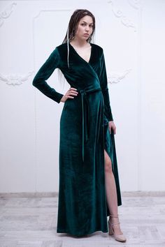 Wrap green velvet dress. Formal velvet dress floor length. Long formal gown women - available in 5 c Green Velvet Dress For Fall, Green Velvet Fall Dress, Elegant Green Velvet Dress For Fall, Fitted Long Velvet Dress, Winter Banquet Floor-length Maxi Dress, Winter Floor-length Maxi Dress For Banquet, Elegant Fitted Green Velvet Dress, Elegant Green Velvet Evening Dress, Long Sleeve Velvet Gown For Formal Occasions