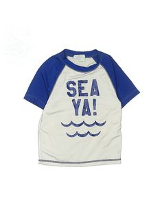 a white and blue shirt with the words sea ya on it's chest, in front of a white background