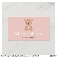 a babysitter business card with a teddy bear on it's front and back