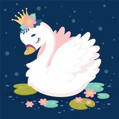 a white swan with a crown on it's head sitting in water lilies