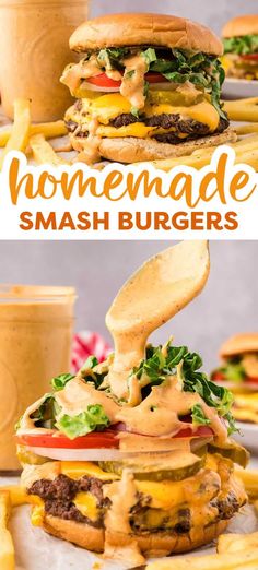 the homemade smash burgers are stacked on top of each other