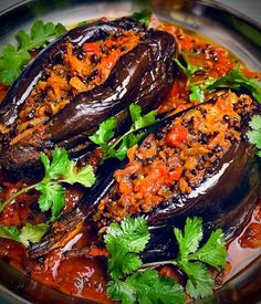 stuffed eggplant in tomato sauce with cilantro and parsley