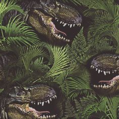 an image of dinosaurs in the jungle with palm leaves and ferns on it's sides