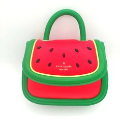 "What A Melon" Watermelon Puffy Mini Top Handle Leather Crossbody Bag, This Little Puffy Mini Can Hold Iphone Pro Max. Has A Back Pocket And A Second Inside Slip Pocket With 3 Cards Holder, Top Handle Drop 2", Removable Adjustable Strap With 22", Metal Pinmount Logo, Flap With Magnetic Snap Closure, Smooth Leather, Two-Way Lining. Red Crossbody Flap Bag With Detachable Handle, Green Kate Spade Bag With Adjustable Strap, Kate Spade Green Double Handle Bag, Kate Spade Green Crossbody Shoulder Bag, Watermelon Purse, Iphone Pro, Kate Spade Bag, Top Handle, Leather Crossbody Bag