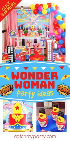 wonder woman party ideas with balloons, decorations and table cloths for the kids's birthday