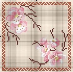 a cross stitch pattern with pink flowers on it