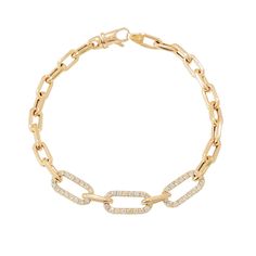 "This Italian handcrafted chain link bracelet is completely composed of 14K solid gold and is uniquely made with a semi-hollow interior for comfortable everyday wear that will not dent. The chain is centered with 3 slightly larger links which are pavé set on both sides with genuine GVs1 quality natural real Diamonds. ♦ Total Length: your choice of 6.5, 7, 7.5, 8 or 8.5 inches ♦ Link Dimensions: approximately 4mm (w) x 9.75mm (l) x 1.15mm thick ♦ Diamond Link Dimensions: approximately 7mm (w) x 1 Gold Cable Chain Link Diamond Bracelet, Gold Link Diamond Bracelet, Gold Diamond Bracelet With Oval Links, Yellow Gold Oval Link Diamond Bracelet, Chain Layering, Italian Chain, Layered Bracelets, Oval Diamond, Real Diamonds