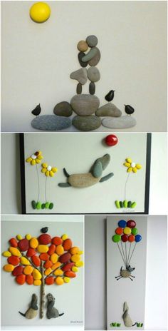 three different pictures with rocks and birds on them, one is in the shape of a tree