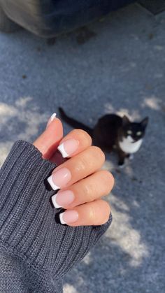 Source: danajoree1 danajoree1 Get these chic short square French nails for a timeless and classy look. The square shape adds a touch of elegance, whil... Short Square French Nails, Square French Nails, Ongles Gel French, French Tip Gel Nails, Square French, French Manicures, Cute Simple Nails