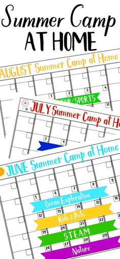 the summer camp at home calendar is shown with colorful arrows on it and an arrow pointing to