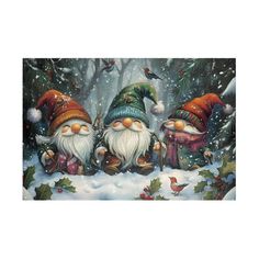 three gnomes are standing in the snow