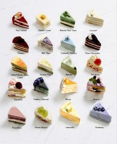 a bunch of different types of desserts on a white surface with words below them