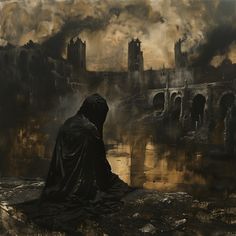 a painting of a person sitting on the ground in front of a cityscape