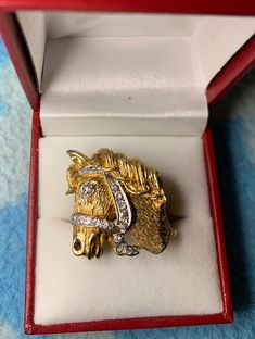 Layaway available. WOW! WOW! WOW!  Beautiful Vintage 14k gold and diamond Horsehead ring. Came from an Estate in Upstate N.Y. This is a statement piece and a ring for the individual that likes a large substantial ring. It is all gold and can be sized up or down. It currently looks to be a size 7 or 7.5 depending on how you turn the band. It looks great on the the ring finger, pointer finger or middle finger too. Nice thick gold band and well made.  This ring is a kockout! Beautiful horse head wi Collectible Yellow Gold Rings With Diamond Accents, Collectible Yellow Gold Diamond Ring In Fine Jewelry Style, Collectible Fine Jewelry Yellow Gold Diamond Ring, Collectible Gold Rings With Diamond Accents, Luxury Gold Diamond Ring Collectible, Collectible Gold Diamond Ring With Brilliant Cut, Collectible Brilliant Cut Gold Jewelry, Thick Gold Band, Too Nice