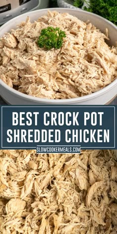 Close-up of shredded chicken in a bow and crock pot. Shredded Chicken Recipes Easy, Crock Pot Shredded Chicken, Crockpot Shredded Chicken, Shredded Chicken Recipe, Shredded Chicken Sandwiches, Shredded Chicken Crockpot, Easy Shredded Chicken, Slow Cooker Shredded Chicken, Make Shredded Chicken