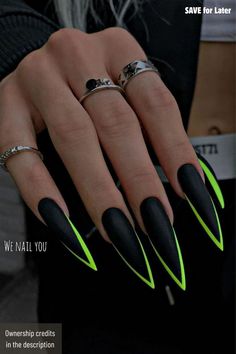 Black Nails With Neon Tips, Neon Green Tips Nails, Black And Green Stiletto Nails, Black With Neon Nails, Easy Goth Nails, Black Tip Stiletto Nails, Stiletto Neon Nails, Black Nails With Neon Design, Bright Stiletto Nails