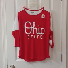 New Ohio State Tee Shirt With 3/4 Sleeves Size: Medium Red & White Never Worn Smoke Free Home Collegiate Red Summer Tops, University Red Sporty Top For Spring, Sporty University Red Tops For Spring, Ohio State Shirts, Spirit Jersey, Long Sleeve Jersey, Ohio State, Jersey Shirt, Hooded Pullover