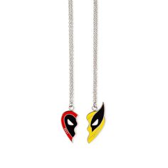 two necklaces with the faces of two different superheros on them, one is red and