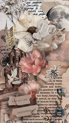 an altered collage with flowers and words on it's side, including a clock tower