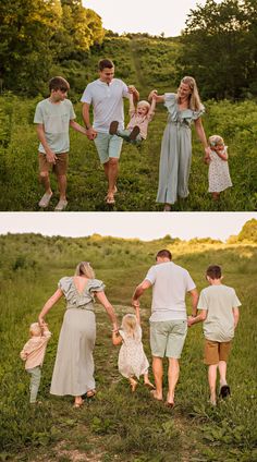 a family is walking through the grass together