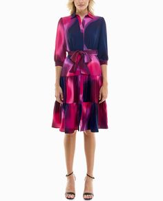 FRONT OF KATY SILK MIDI SHIRT DRESS | Fuchsia Print Purple Maxi Dress, White Eyelet Dress, Long Sleeve Shift Dress, Flowy Maxi Dress, Ruched Bodycon Dress, Red Midi Dress, Printed Shift Dress, Midi Shirt Dress, White Striped Dress