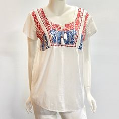 Style & Co Embroidered Tassel Top Summertime Delight Medium: P2p 21" Length 28" Red Floral Embroidered Top For Vacation, Red Embroidered Top With Floral Design For Vacation, Red Summer Top With Embroidered Neckline, Summer Red Top With Embroidered Neckline, Summer Red Tops With Embroidered Neckline, Red Top With Embroidered Neckline For Summer, Red Embroidered Hem Top For Summer, Short Sleeve Cotton Blouse With Tassels, Cotton Short Sleeve Blouse With Tassels