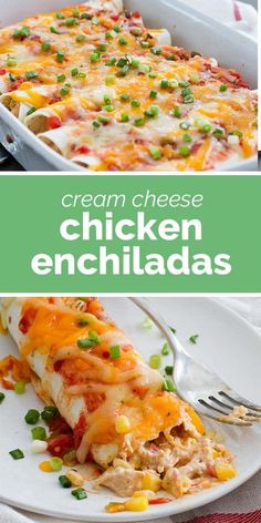 chicken enchiladas in a white casserole dish with green onions and cheese