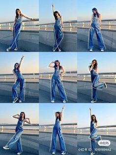 multiple pictures of a woman in overalls and heels posing on the side of a building