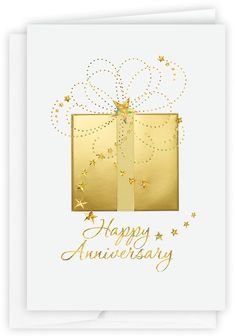 a white card with gold stars and a present box on it that says happy anniversary