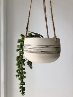 a white hanging planter with green plants in it and some brown twine rope