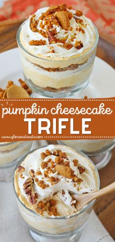 Pumpkin Cheesecake Trifle, fall desserts, pumpkin recipes, easy to make sweet treats Pumpkin Cake Trifle Desserts, Paula Deen Thanksgiving Desserts, Pumpkin Cheesecake Trifle Recipe, Mini Pumpkin Trifles, Pumpkin Pie Trifle Recipes, Autumn Trifle Desserts, Pumpkin Triffle Recipe, Pumpkin Roll Trifle Desserts, Easy Pumpkin Trifle