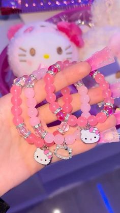 Bracelet Stack Pink, Jewelry Aesthetic Pink, Braclate Ideas, Pink Bracelet Ideas, Bracelet Ideas Aesthetic, Bracelet Hello Kitty, Body Jewelry Diy