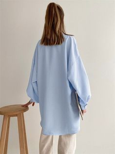 SIZE (Unit: CM): S,M,L S : Bust:117CM Length:86CM M : Bust:121CM Length:87CM L : Bust:125CM Length:88CM Note:( 1 CM =0.39 Inch, 1 Inch = 2.54 CM) Blue V-neck Shirt For Spring, Blue V-neck Shirt For Daywear, Oversized Blue V-neck Tops, Light Blue V-neck Blouse For Daywear, Blue V-neck Top For Daywear, Long Sleeve Elegant Dresses, Pocket Shirts, Chic Summer Dresses, Womens Pleated Skirt