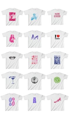 t - shirts with different designs on them are shown in multiple colors and sizes, including white