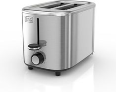 a silver toaster sitting on top of a white table