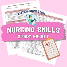 the nursing skills study packet is on top of a pink background with text that reads, nursing