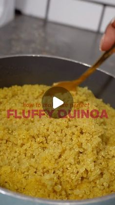 a person stirring food in a pot with a wooden spoon and video title below that reads how to make perfect flurry quinoa