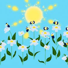 the sun shines brightly behind some daisies and bums on a blue background