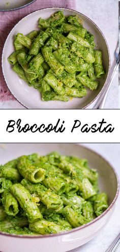 broccoli pasta in a white bowl on a table