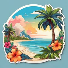 a tropical scene with palm trees, flowers and the ocean in front of a blue sky