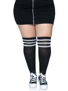 Take your shot with the Kellee plus size over the knee athletic socks by Leg Avenue. Featuring the classic 3 stripe top, you can add a sporty vibe to any look with these fun womens socks. Package includes: 1 PC High quality hosiery fabric for long lasting wear Ultra soft and comfortable Classic athletic socks look Pair with shorts or skirts Your go-to look for summer styles The perfect alternative to traditional womens socks Hand wash cold, Do not bleach, Drip dry Final sale Outfits With Knee High Socks, Sports Costume, Plus Size Tights, The Kinks, Striped Shoes, Elegant Moments, Light Up Shoes, Over The Knee Socks, Corsets And Bustiers