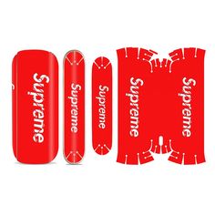 some red and white items with the words supreme on them