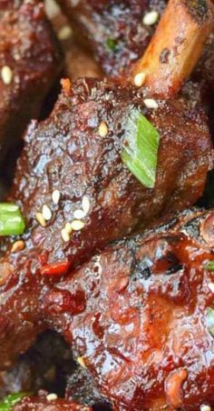 close up view of meat with sauce and green onions